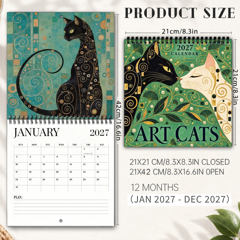 TEMU Calendrier mural à spirale Art Cats 2027, agenda suspendu avec papier épais et , calendrier mensuel coloré sur le thème des chats avec jours