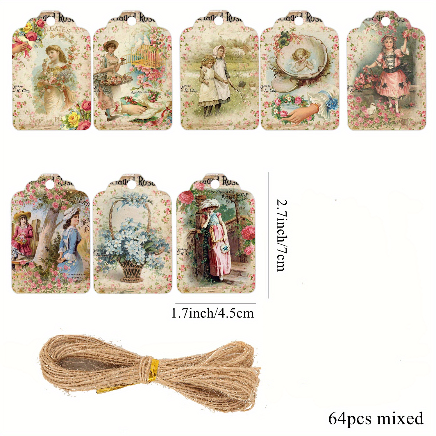 Image of 64pcs/ Set Vintage Paper Tags Flower Women Hanging Labels For Diy Gift Packaging Supply Tea Party Decoration Supply