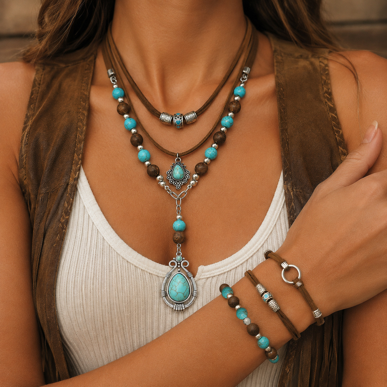 TEMU Juego de collar y pulsera de 5 piezas con lágrimas de turquesa simulada multicolor, conjunto de joyería de moda para mujer, diseño exquisito de