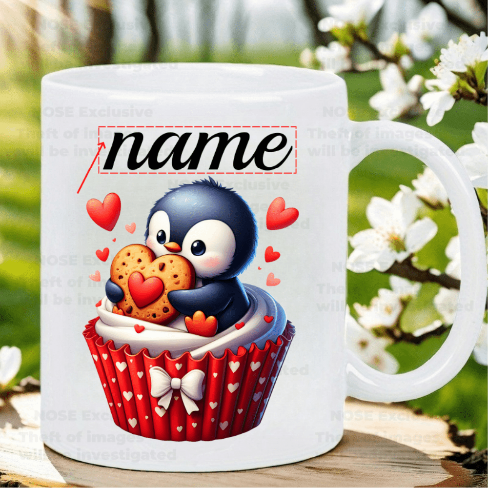 Image of 1pc, Personalized Cute Penguin In A Red Cupcake With Hearts Ceramic Coffee Mug - Insulated Reusable White Mug, Ideal Gift For Birthdays, Christmas, Valentine's Day, Double-sided, In 6 Colors