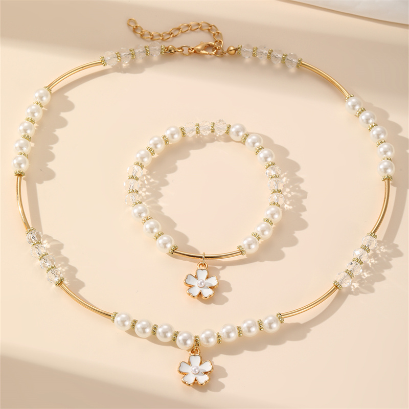 TEMU 2pcs Girls' Heart-shaped Necklace And Bracelet Set, White Enamel Heart, Flower, And Bow Pendant With Beaded Necklace, Sweet 2pcs Decorative