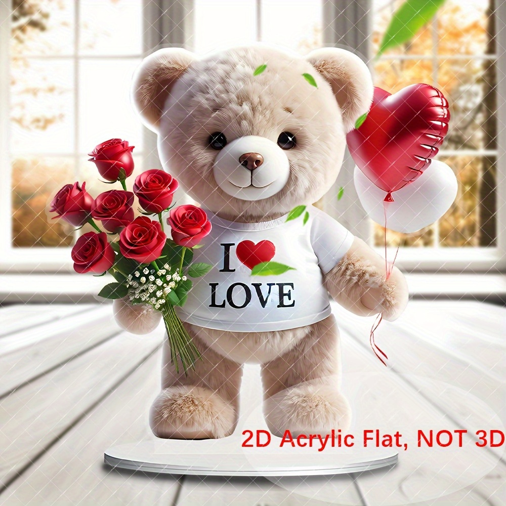 

2d Flat, 2d Flat Printed "i Love You" Teddy Bear With Acrylic Desktop Decoration, Vibrant And Realistic Design Base, Ideal Romantic Gift For Home, Office, Valentine's Day