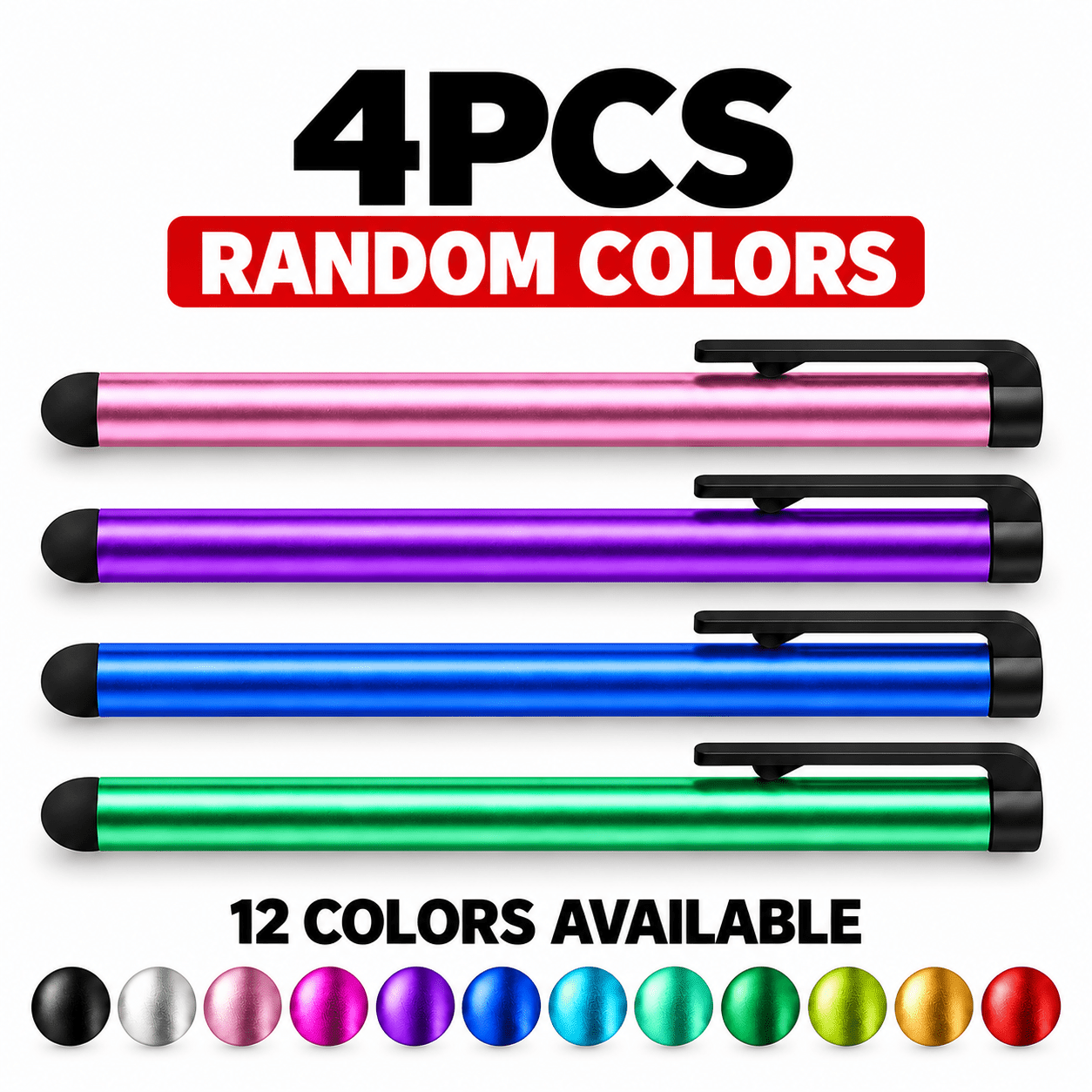 TEMU 4-pack Universal Capacitive Stylus Pens, Random Colors From 12 Available Colors, Soft Rubber Touchscreen Tips With Pocket Clips, Compatible With