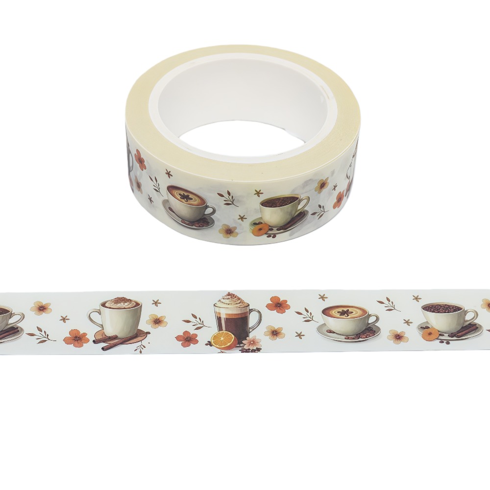 TEMU 1pc Full Of Retro Style Autumn Coffee Series Washi Tape, Warm Brown Base With Hand-drawn Coffee Cup And Coffee Bean Patterns, Bringing A Lazy