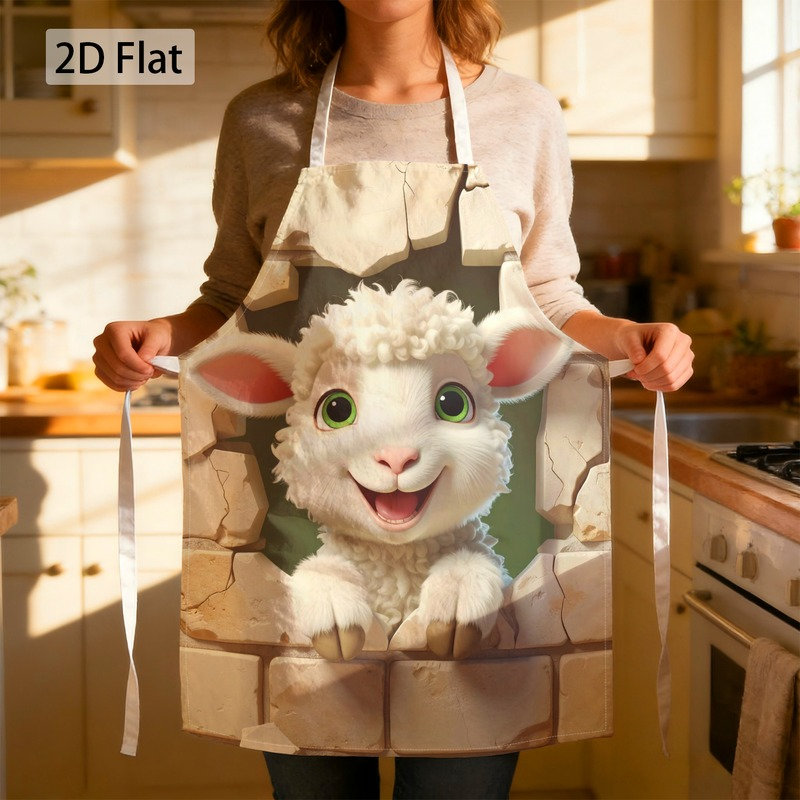 TEMU 2d Flat 1pc Apron Cute Lamb Graphic Apron With Adorable , Funny Animal Print, Cooking& Baking, Unisex Adjustable Kitchen Apron With Pockets,