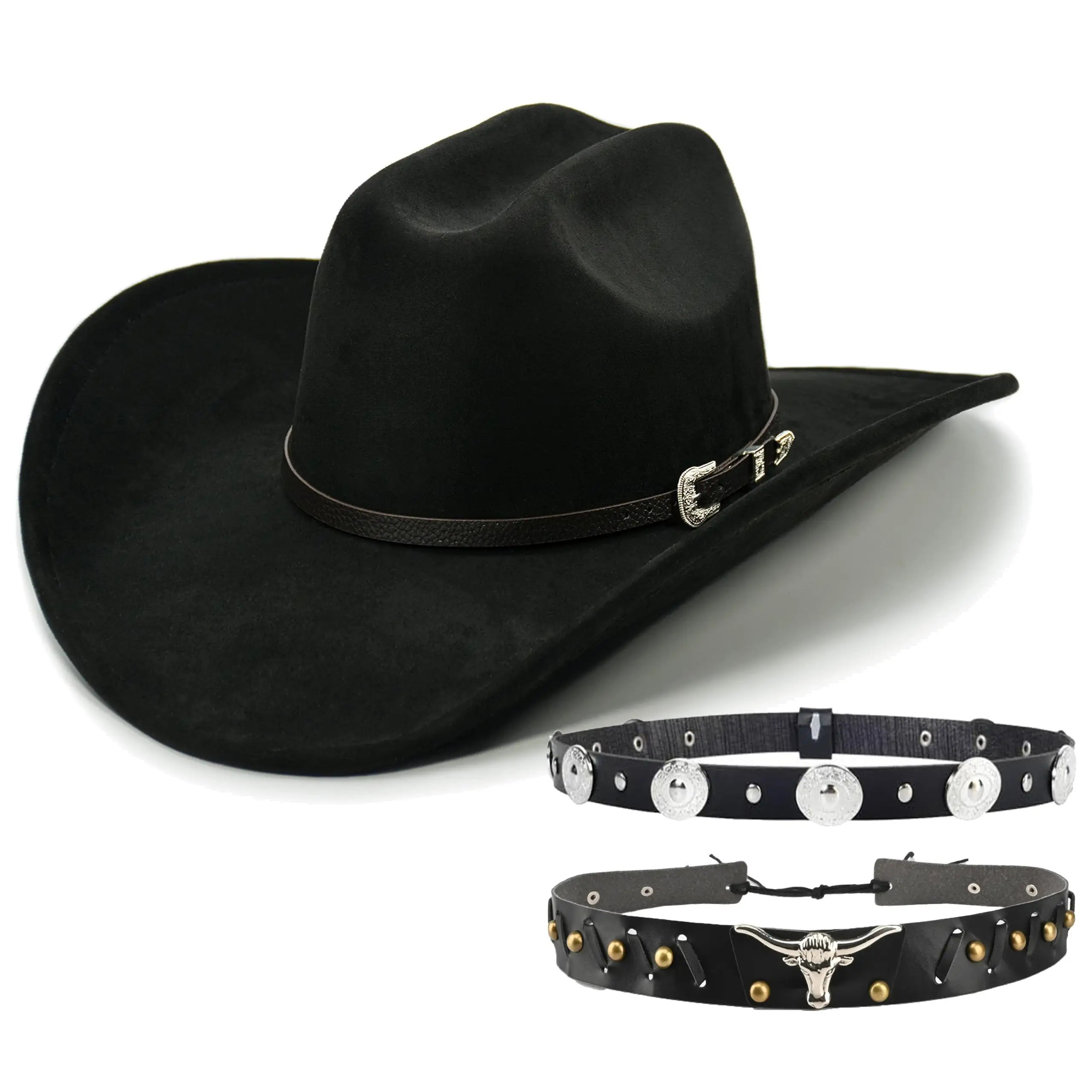 TEMU 3pcs Accessory Set + 1 Hat: Classic Wide-brim Felt Cowboy Hat, Unisex Black Western Hat With Decorative Band, Adjustable Metal Snap Closure, 100% Polyester, Hand Wash Only