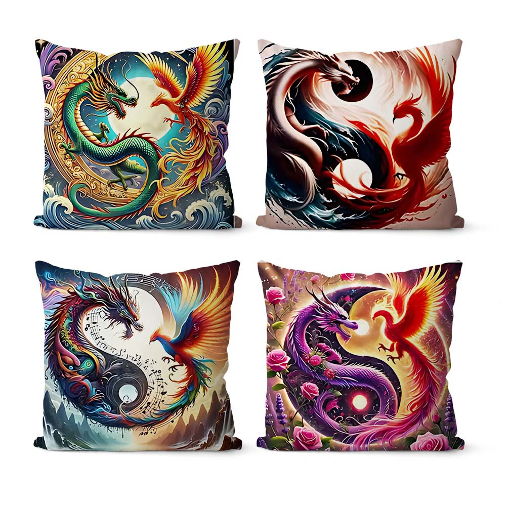 TEMU 4pcs Pillow Cover, Dragon And Phoenix Chengxiang Pattern, Yin And Yang Tai , Living Room Sofa, Bedroom Decoration, Holiday Supplies, Sofa Throw