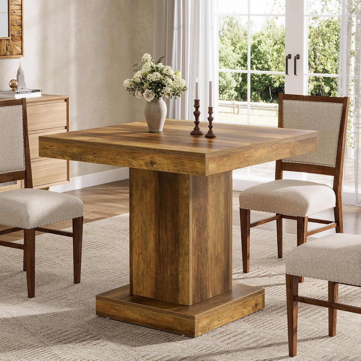 Square Dining Table For 4, -inch Small Farmhouse Kitchen | Brown Hardwood And Artificial Board, Weather Resistant, Pedestal Base, Farmhouse Style By Fnova