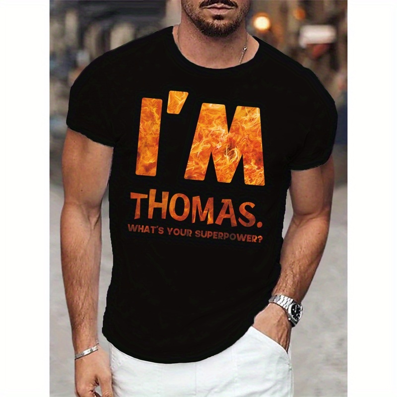 

1pc Men's Casual Short Sleeve T-shirt With "i'm Thomas. What's Your " Print, Polyester Knit Fabric, Round Neck, Summer Tee