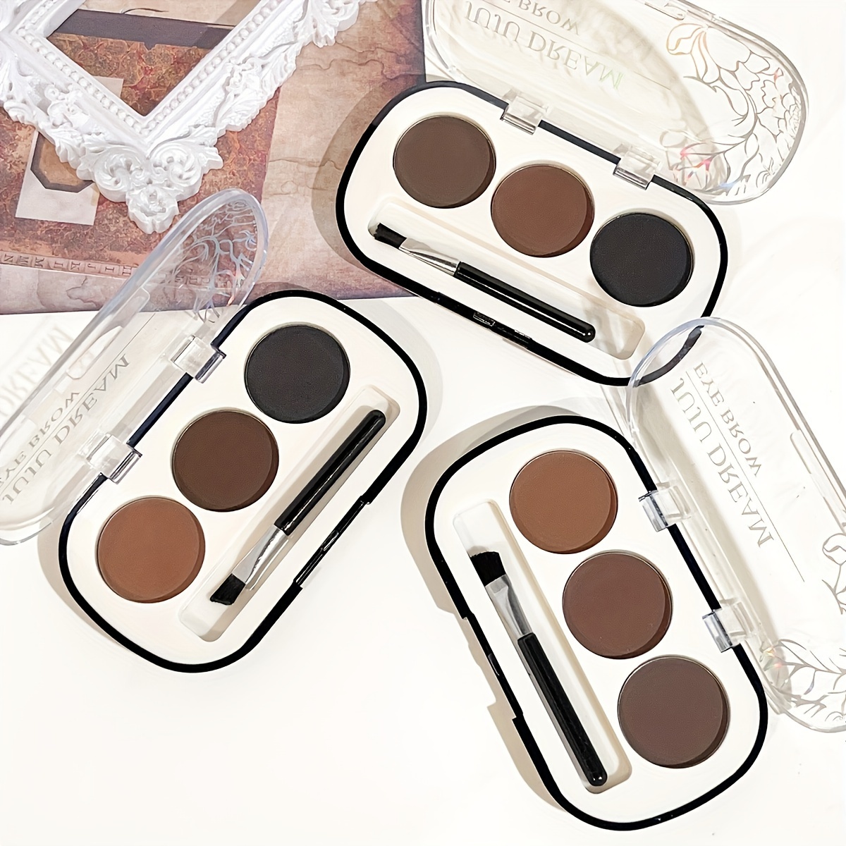 Image of 3pcs Set, Three-color Eyebrow Powder Palette(with Small Brush), Waterproof, Sweatproof, And , Matte, Three-dimensional Eyebrow Look, Long-lasting And Fade-resistant.