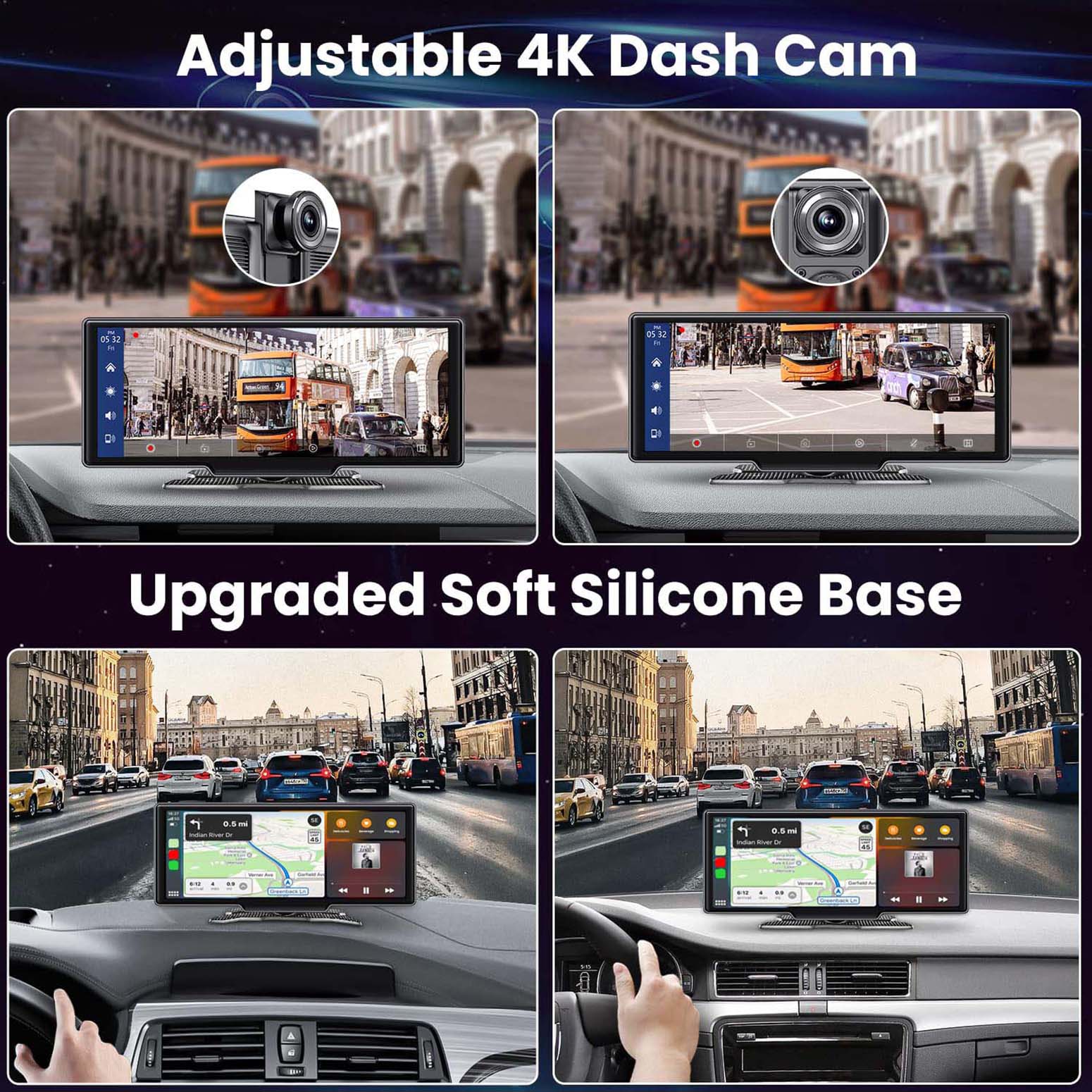 4K Front Dash Cam, 1080P Rear Camera, Portable Carplay Screen for Car - 26.06 cm Carplay & Android Auto Car Touch Stereo, with 64G TF Card, BT, GPS Navigation