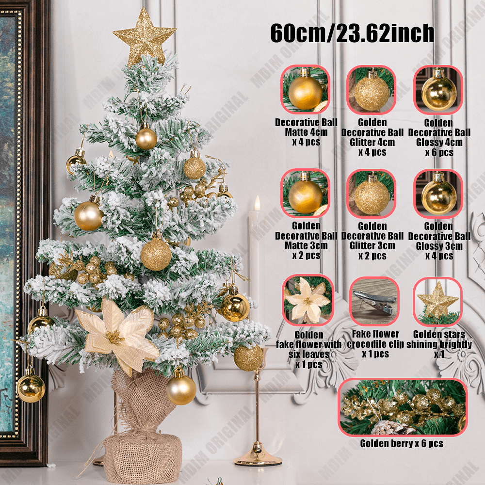 23.62inch Large Artificial Christmas Tree with Golden Topper & Golden Ornaments - Realistic Flocked Tree with Golden & Decorations, Soft Touch Plastic Holiday Decor For Home, Office, All-season Display, Christmas Tree Decorations