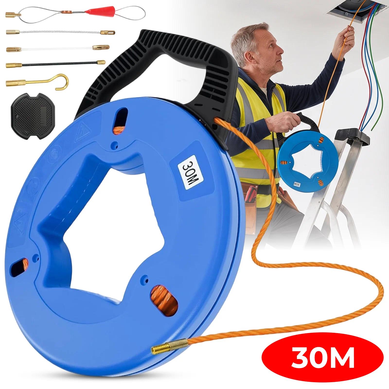 Image of Professional Electrician's Fish Tape Cable Puller Set With 30m Length & 6 Interchangeable Heads - Insulated Conduit Threading Tool Suitable For , , Electrical Wires For, Office, Data , Sites