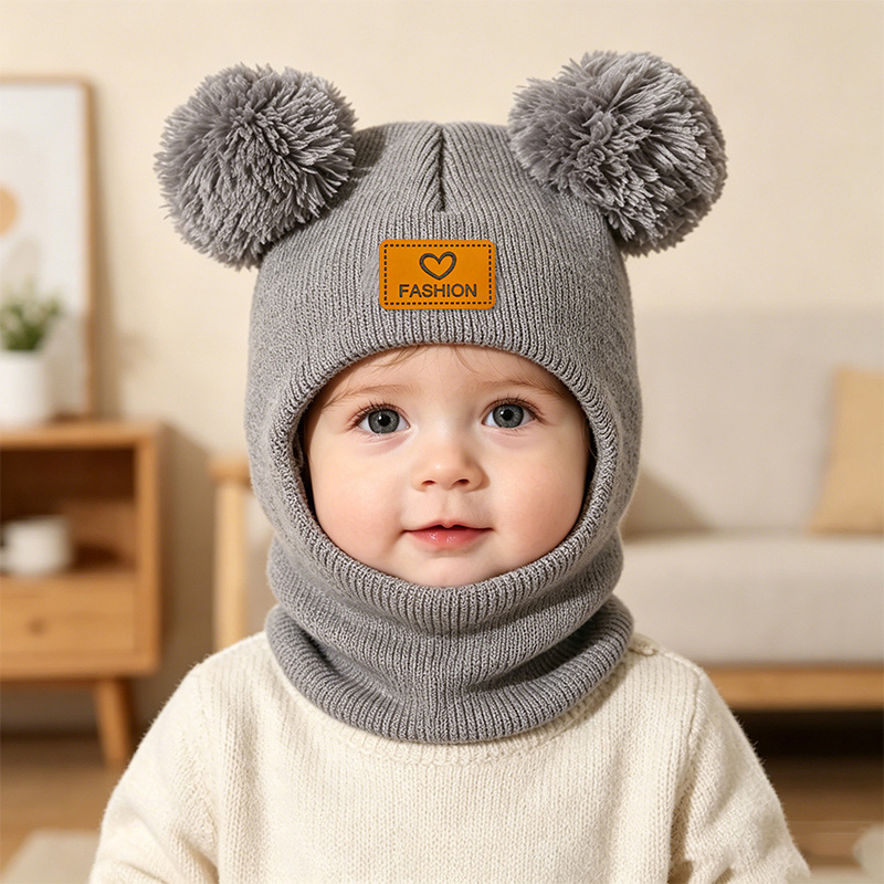 Image of 1pc Cute Bear Pom Pom Baby Knit Balaclava Hat, Windproof Ear Protection Infant Beanie For Autumn Winter Daily Outdoor