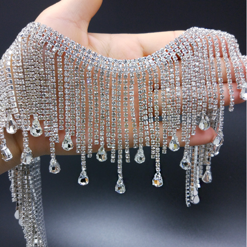 Image of 1yard Tassels Glass Teardrop Rhinestone Chain Crystal Fringe Dancing Dress Trimming Glasses Gloves Wedding Accessories