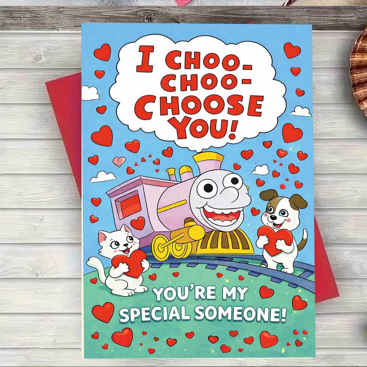 TEMU 2pcs (one Envelope And 1 Greeting Card) Warm And Fun Valentine's Day Card Featuring A Cartoon Train And Heart-shaped Animals With 'you Are My