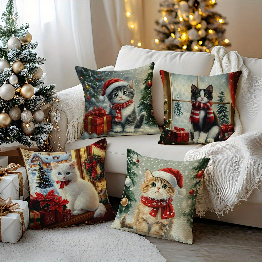 

4pcs Christmas Cat Throw Pillow Covers Set - Contemporary Style, Printed Polyester Cushion Cases With Zipper Closure, Hand Washable, Woven, Decorative For Living Room, Sofa, Patio & Outdoor Use