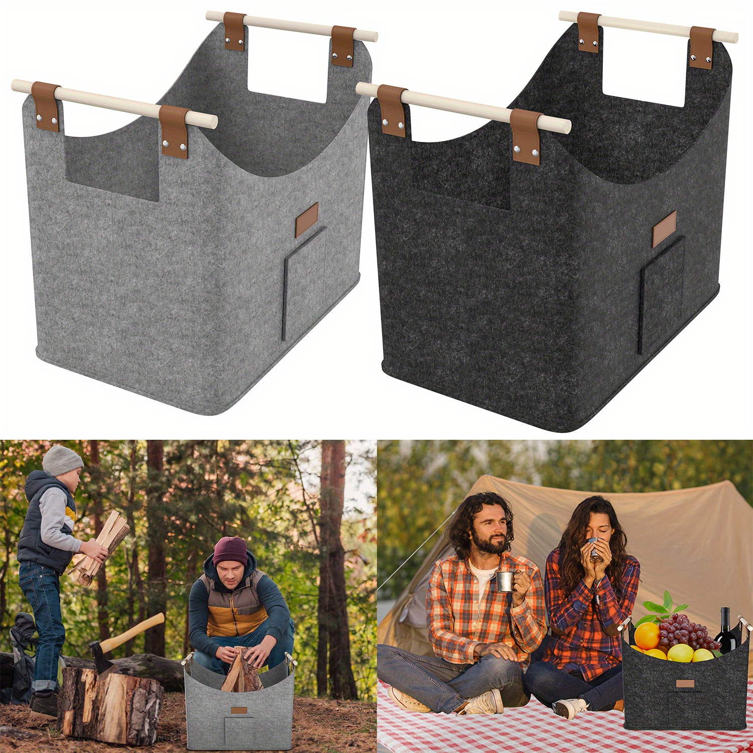 

2pcs Large Dark Grey Felt Firewood Carriers With Reinforced Handles - 40kg Capacity, Foldable & Easy To Clean, Non-woven Fabric Wood Baskets For Home & Outdoor Use, Protects Floors