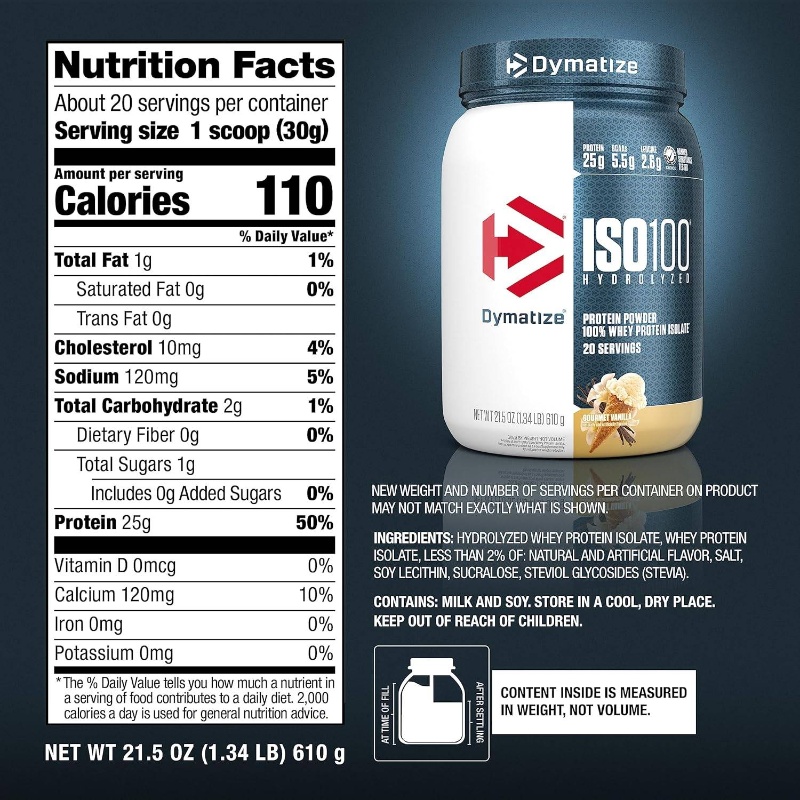 589.67g (591 Servings) ISO100 Vanilla Whey Protein Isolate Powder - Fast-Acting Hydrolyzed BCAA-Rich Post-Workout, Building Supplement, Informed-Choice, Gluten-Free & Pure Whey Isolate for Bodybuilding Shakes