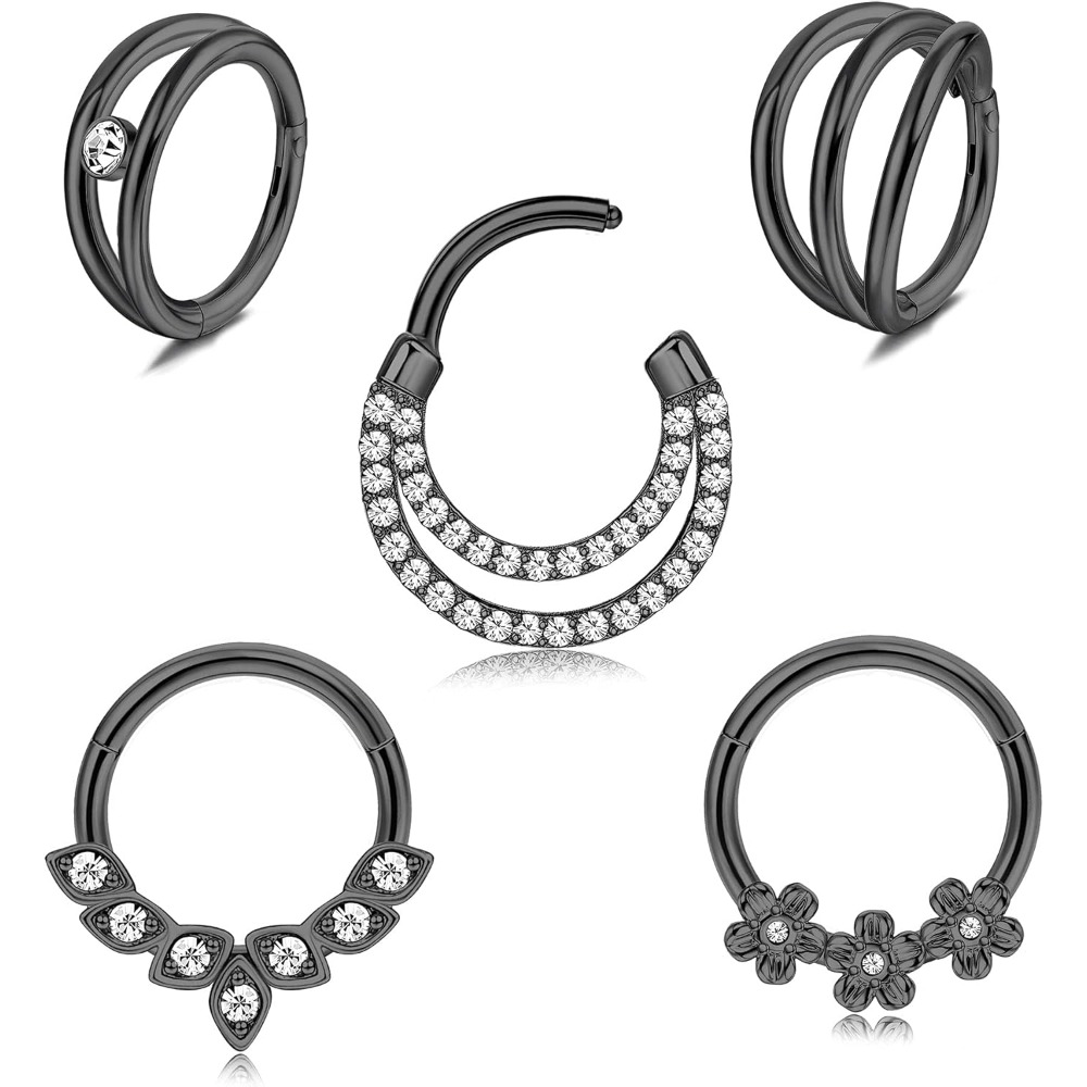 5pcs Septum Rings Stainless Steel Hoop With Cubic Synthetic Zirconia Flower For Daith Helix Tragus Piercing