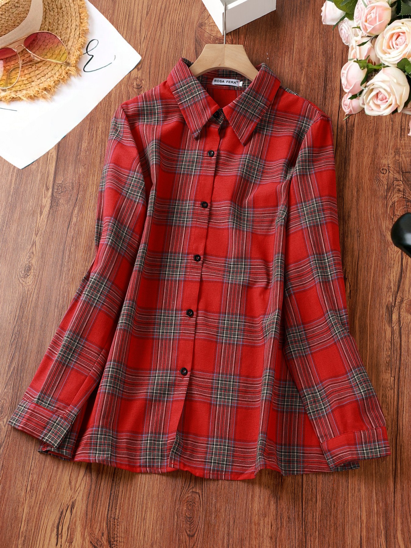slika predmeta plus size, rosa   ženska crvena karirana košulja s reverom i gumbima, bluza s dugim rukavima, prikladna za ležerni uredski put, korejski stil, profesionalna odjeća za cijelu godinu