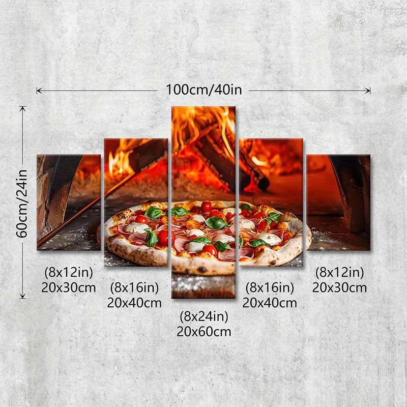 TEMU 5pcs Italian-themed Pizza Wall Art Set - Realistic Posters With , Horizontal Wood Framed Canvas Paintings, Dining Room, Decor - Mediterranean