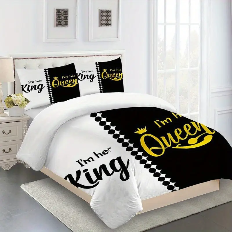3pcs couples king queen bedding black duvet cover with pillowcases his and her side luxury pattern gift bedroom decor soft microfiber fabric 1 2 pillowcases Product details 2