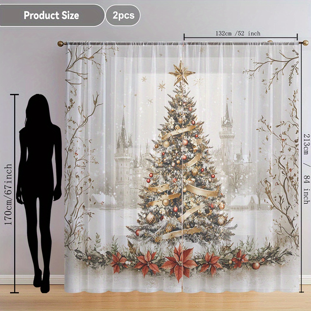 TEMU 2pcs Christmas Tree Scene Festive Style Printed Home Decor Sheer Curtains, Suitable For Kitchen, Cafe, Restaurant, Balcony, Garden, Bedroom