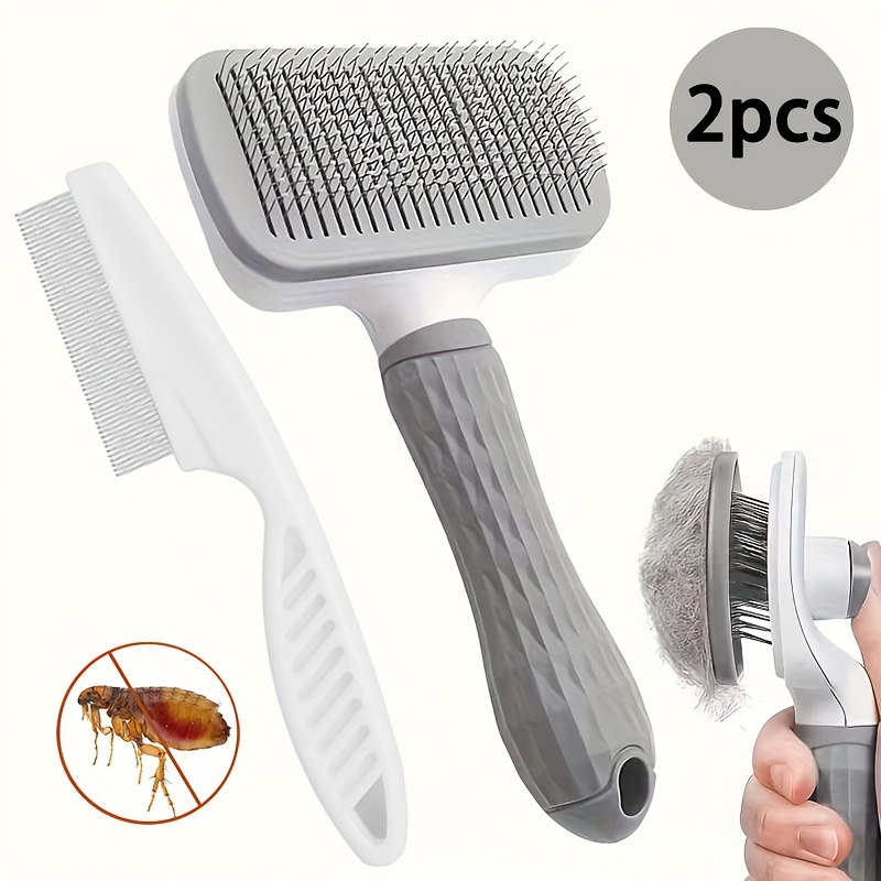 TEMU 2pcs Pet Grooming Brush Set, Self Cleaning Brush & Flea Comb For Dogs Cats, Remove Loose Hair Mats, Deshedding Tool For Long Short Haired Pets
