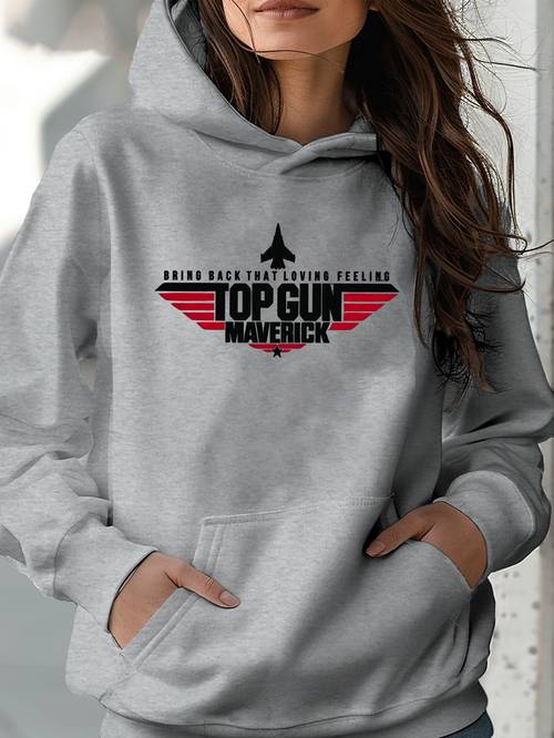 1pc womens casual polyester hoodie with top gun print long sleeve street style fashionable hood kangaroo and comfortable sweatshirt for daily wear in autumn and winter