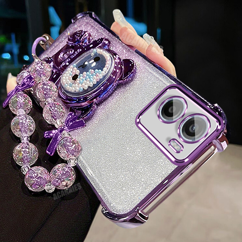 TEMU Phone Case - Acanries Luxury Star Bead Wrist Strap Chain Lanyard With Cute Quicksand Bead Bear Folding Stand Holder And Plating Gradient Glitter