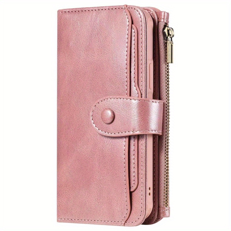 TEMU New Solid Color Retro Zip Multifunctional Magnetic Detachable Shell Wallet Phone Case Suitable For Iphone Models 11 Through 16, Designed For Men