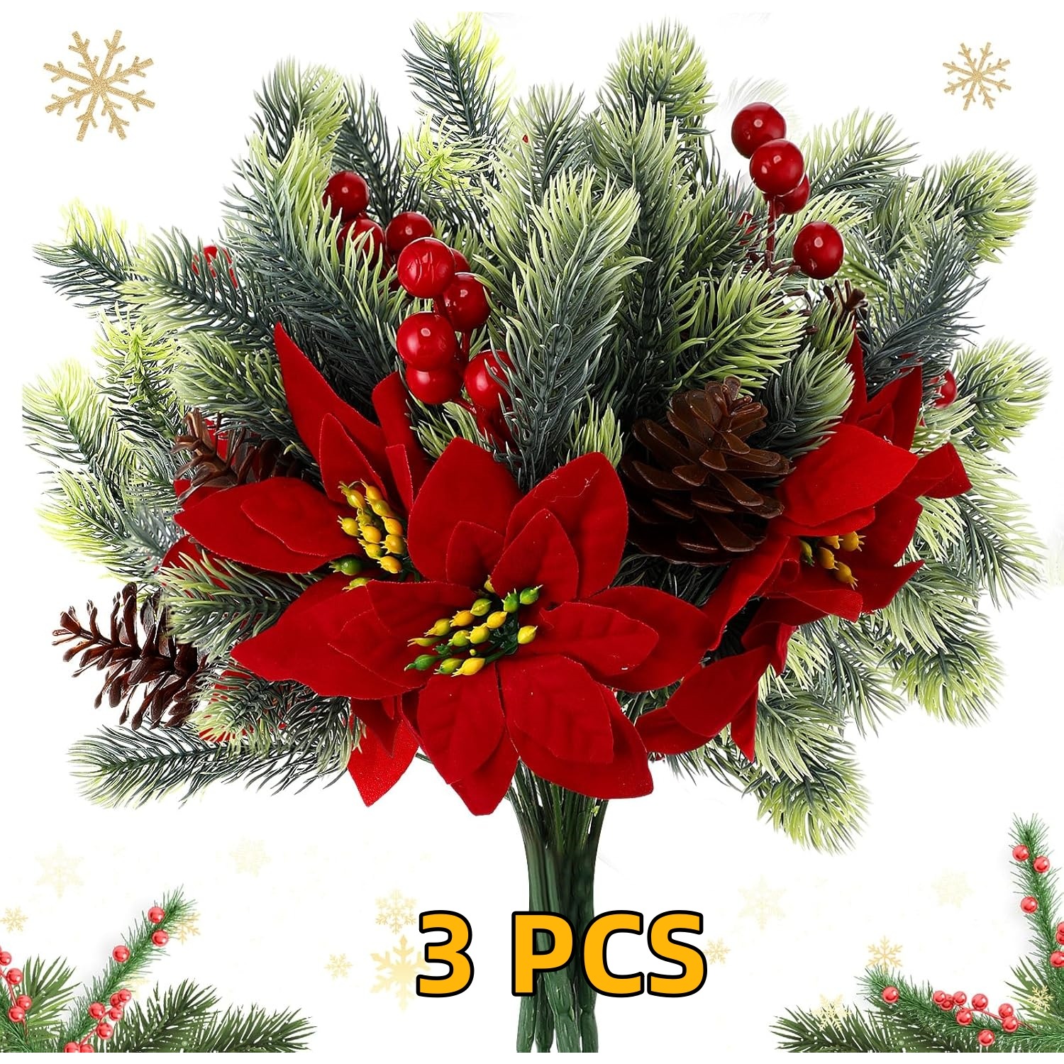 TEMU 3pcs Christmas Artificial Bouquet, With Red Berries, Pine Needles And Evergreen Leaves, And Floral Arrangement, Suitable For Christmas Tree,