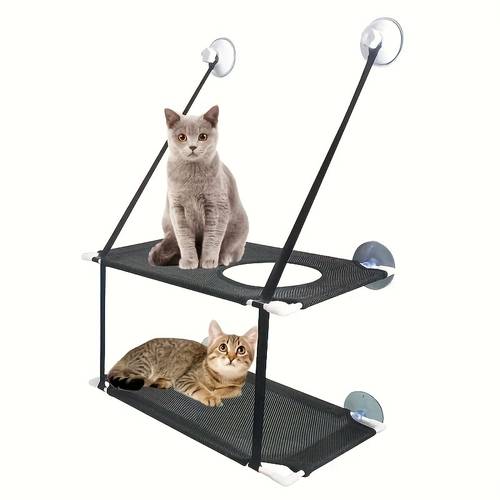 double layer hanging cat window hammock bed two tier cat tree suitable for indoor cats sturdy frame comfortable lining space saving hanging design with upper viewing deck and lower resting platform for small apartments dorms