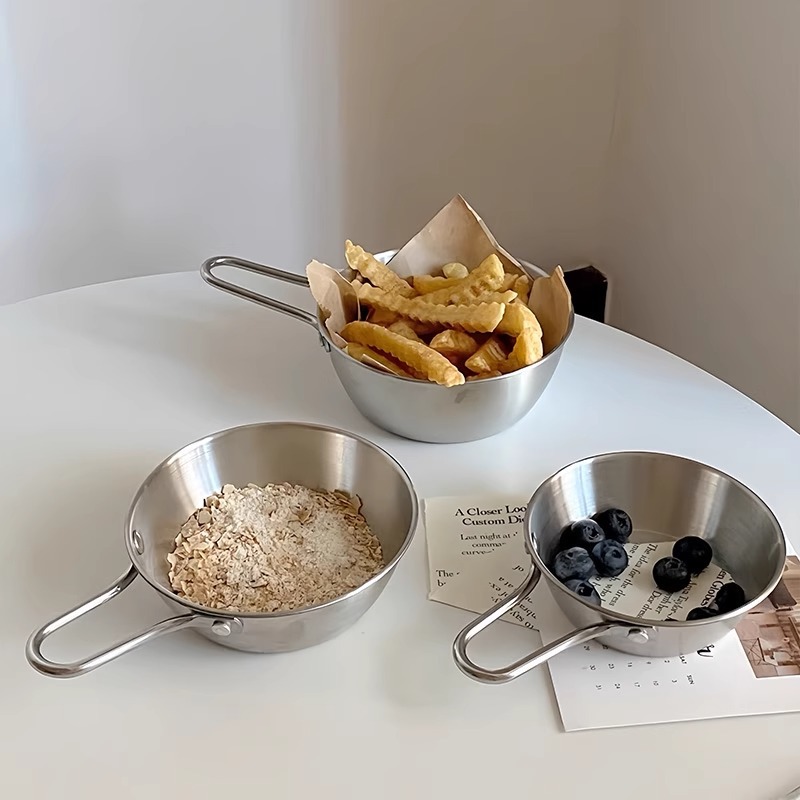 TEMU Set Of 3 Stainless Steel Bowls With Handles, Designed To Be Non-slip And Sturdy, Ideal For Serving Dipping Sauces, Snacks, Salads, And Desserts,