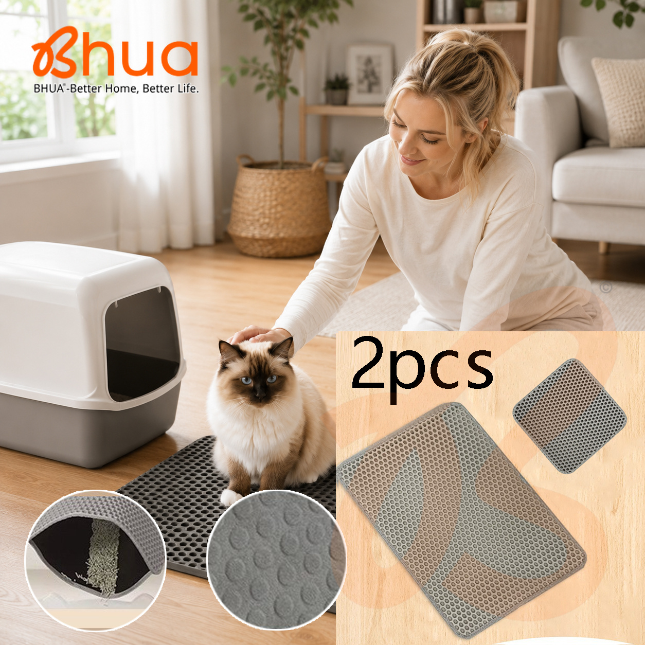 TEMU 2pcs Cat Litter Mat Set, Litter Box Accessory, Pet Mat, Soft And Comfortable Eva Material, Flat Round Mesh Design For Of Scattered Litter And