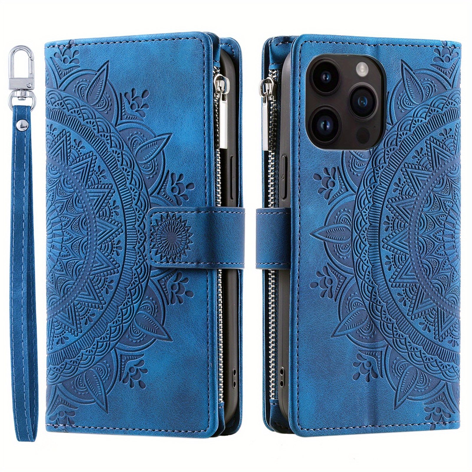TEMU Phone Case - A Blue Embossed Floral Artificial Leather Wallet Case With A Luxurious Yet Practical Design, Featuring A Creative Print, Suitable