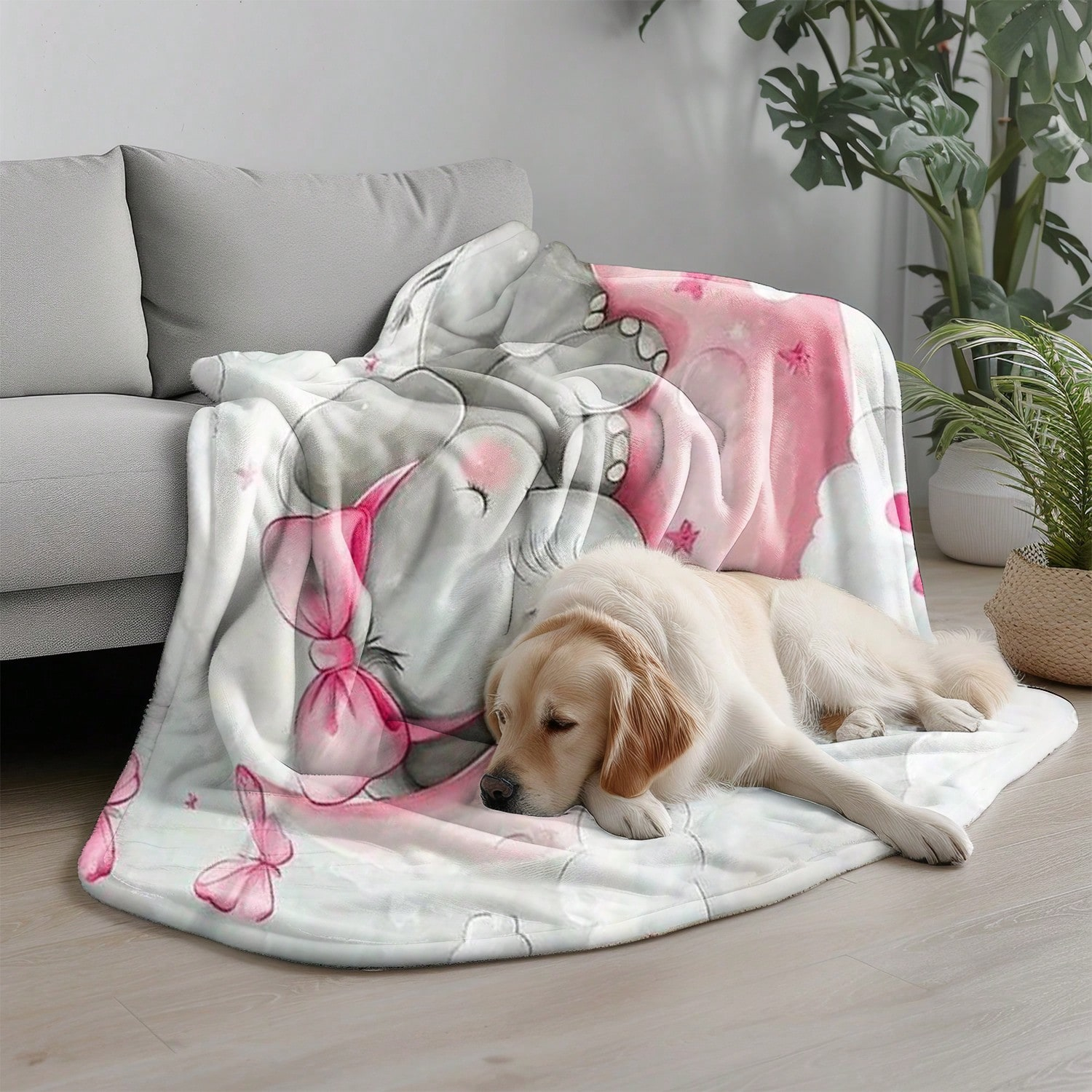 Custom Name Blanket with Light Gray and Pink Elephant Pattern