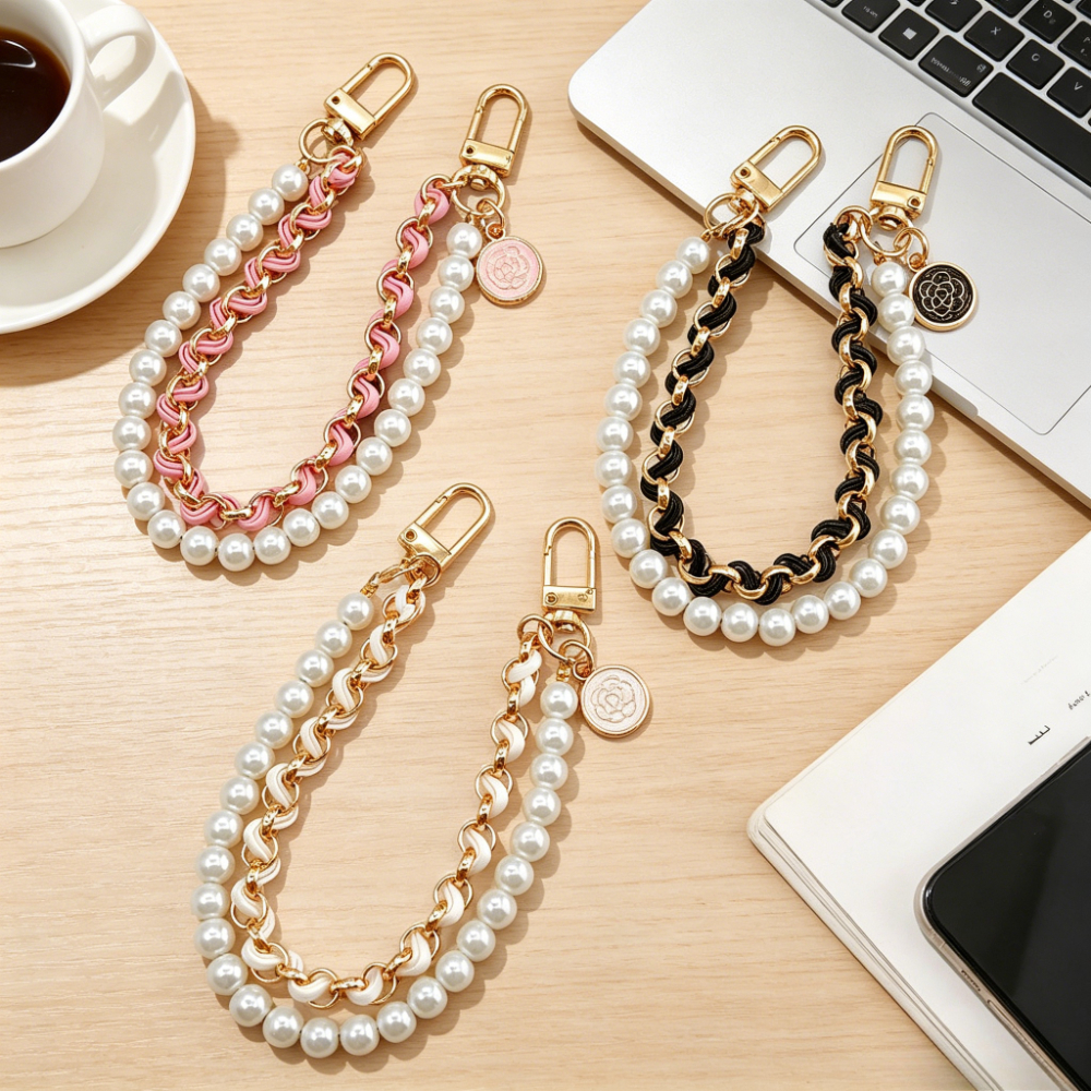 TEMU Juego de 3 piezas de borlas de cadena de perlas de moda, exquisitos llaveros para bolsos, adornos de moda para bolsos de , cadenas de perlas de