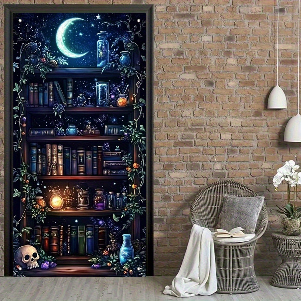 TEMU 2d Door Banner, 2d Door Banner - Vintage Magic Bookcase Blackout Curtain 70.9 Inch, Polyester Privacy Door Curtain With Mystical Design (books,