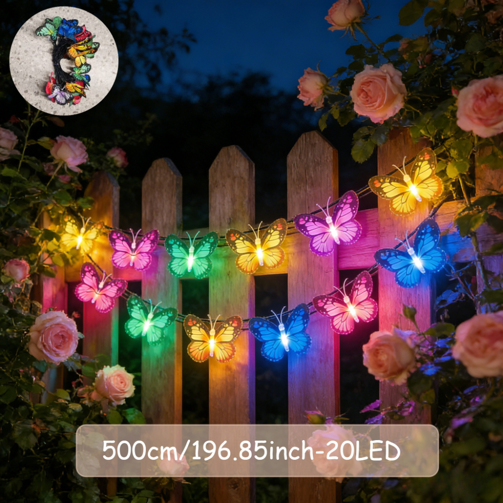 TEMU 1 Set Of 20pcs Led Solar String Lights, Realistic Butterflies With Warm/colored Light For Atmosphere Decoration, Outdoor Garden Courtyard Fence