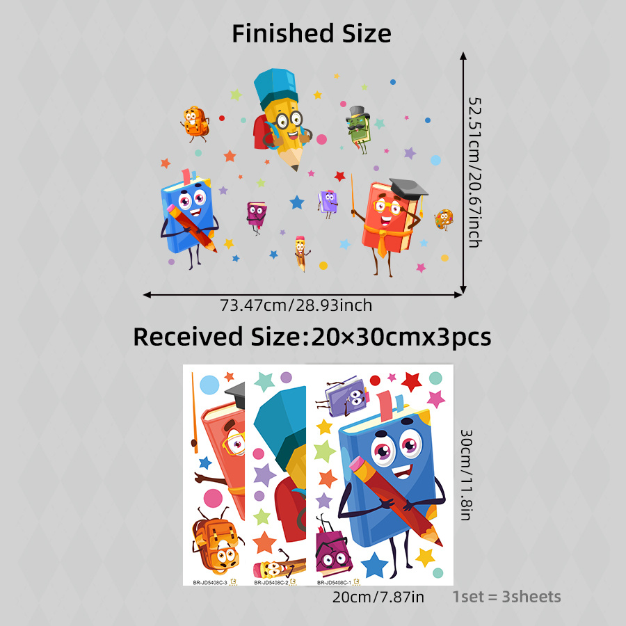 Image of 3pcs/set Back To School Window Clings, Cute Cartoon Book Pencil Characters With Stars, Removable Static Decals For, Playroom Or Preschool Glass Decor, Supplies Window Stickers