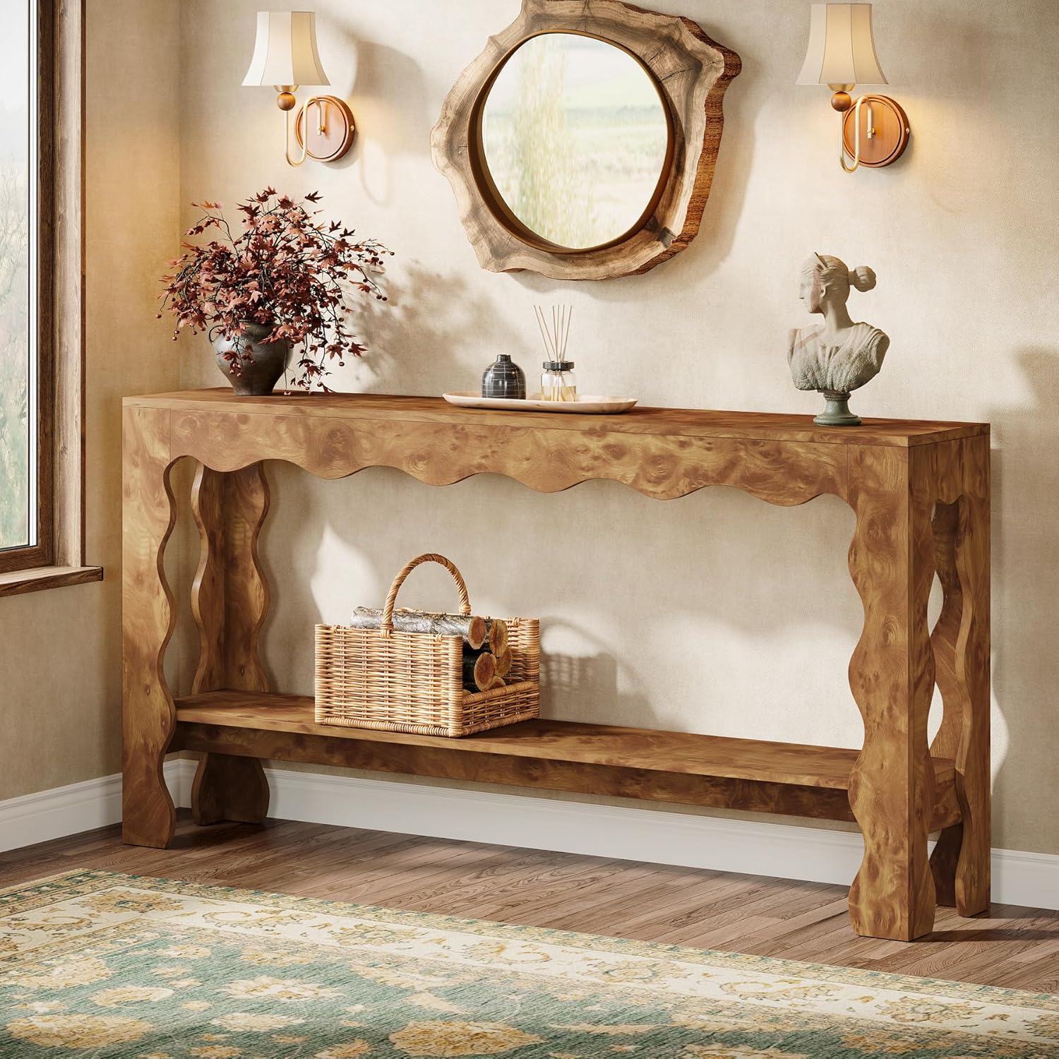63 Inch Modern Rustic Entryway Table | Farmhouse Style With Scalloped Edge & Storage Shelf, Light Brown, Wood, Weather Resistant, Made By Fnova