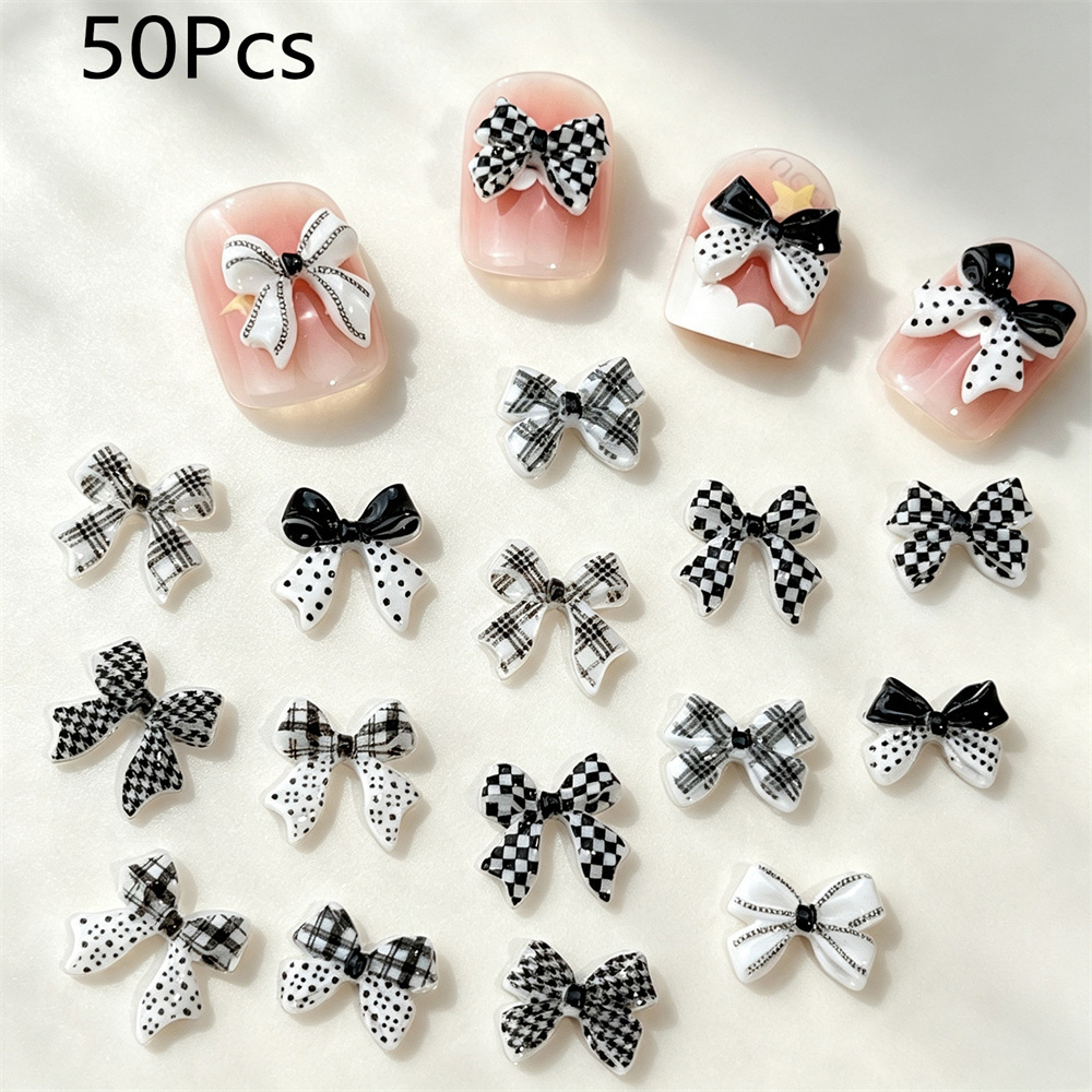 TEMU 3d Multi-patterns Bow Nail Charms - Black White Polka Dot Bowknot Nail Decorations, Resin Stereo Bow Nail Art Ornaments, Cute Vintage Checkered