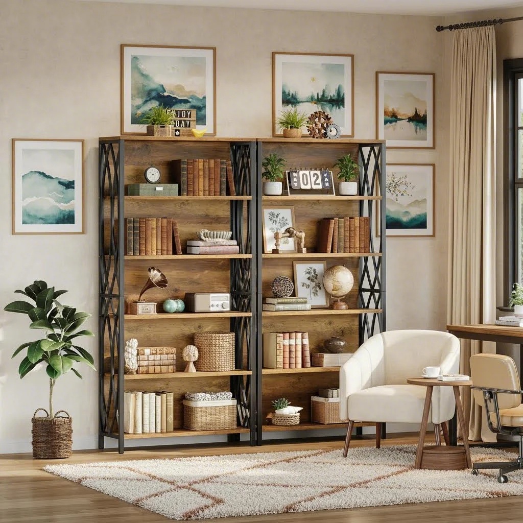 70.87" Tall Bookshelf, 6-tier Industrial Bookcase With Geometric Metal Frame & Open Storage Shelves, Freestanding Display Shelf For Home Office, Living Room, Rustic Brown