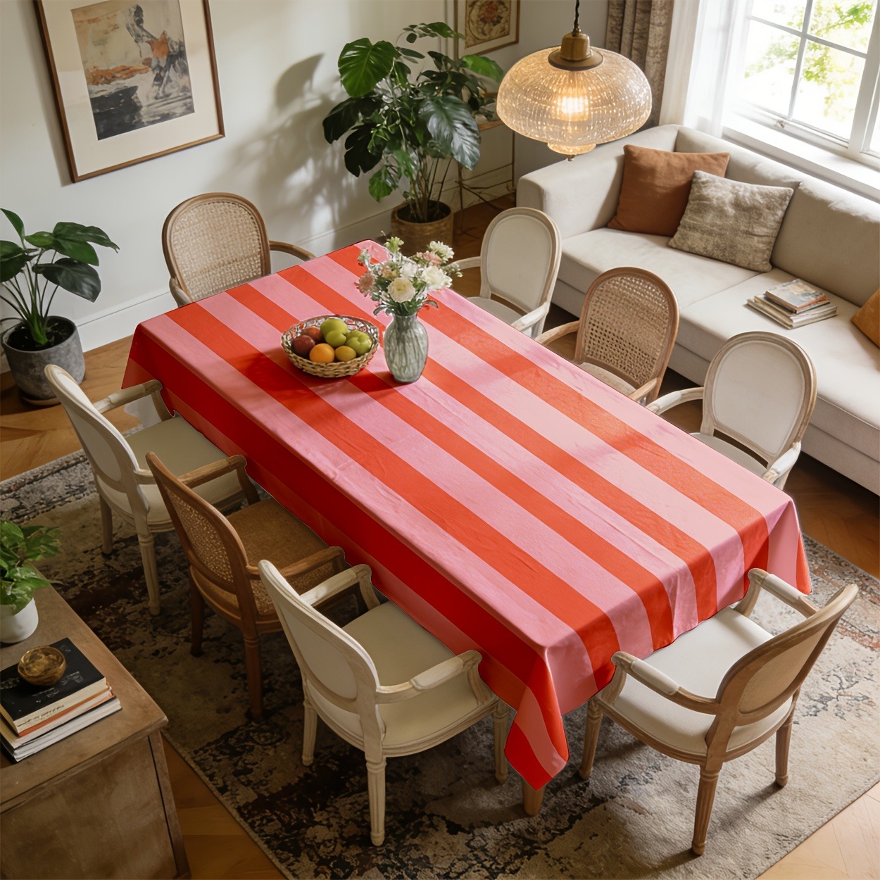 TEMU 2d Tablecloth, 1pc, Rectangular, Orange And Pink Striped Pattern. Suitable For Indoor And Outdoor Holiday Party Decorations, Valentine's Day, 's