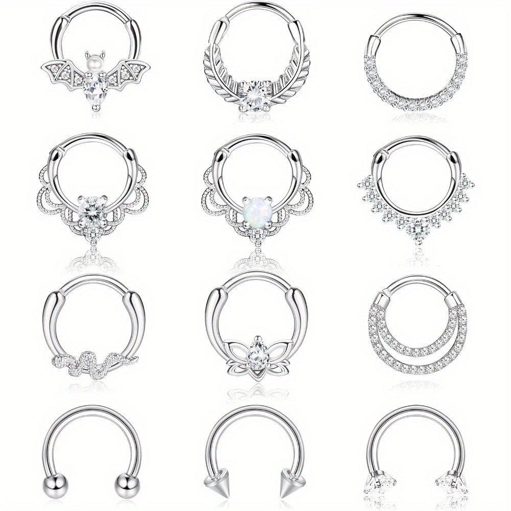 E-shop 12 Stück Septum Ringe Edelstahl Clicker Synthetischer Zirkonia Design für Daith Knorpel Helix Tragus Piercing Silber Schwarz Roségolden Moderne