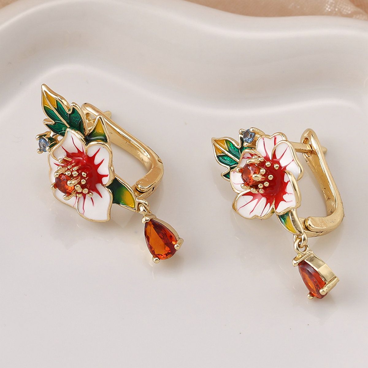 Painted Floral Leaf Shaped Ear Clips with Zirconia