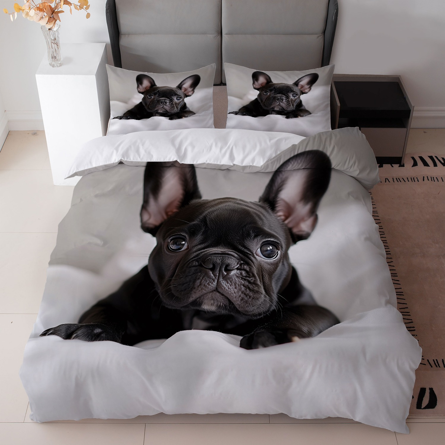 TEMU 3pcs Black French Bulldog Print Bedding Set (1duvet Cover   2pillowcase, Without Core) - Perfect For Dog Lovers And Modern Bedroom Decor