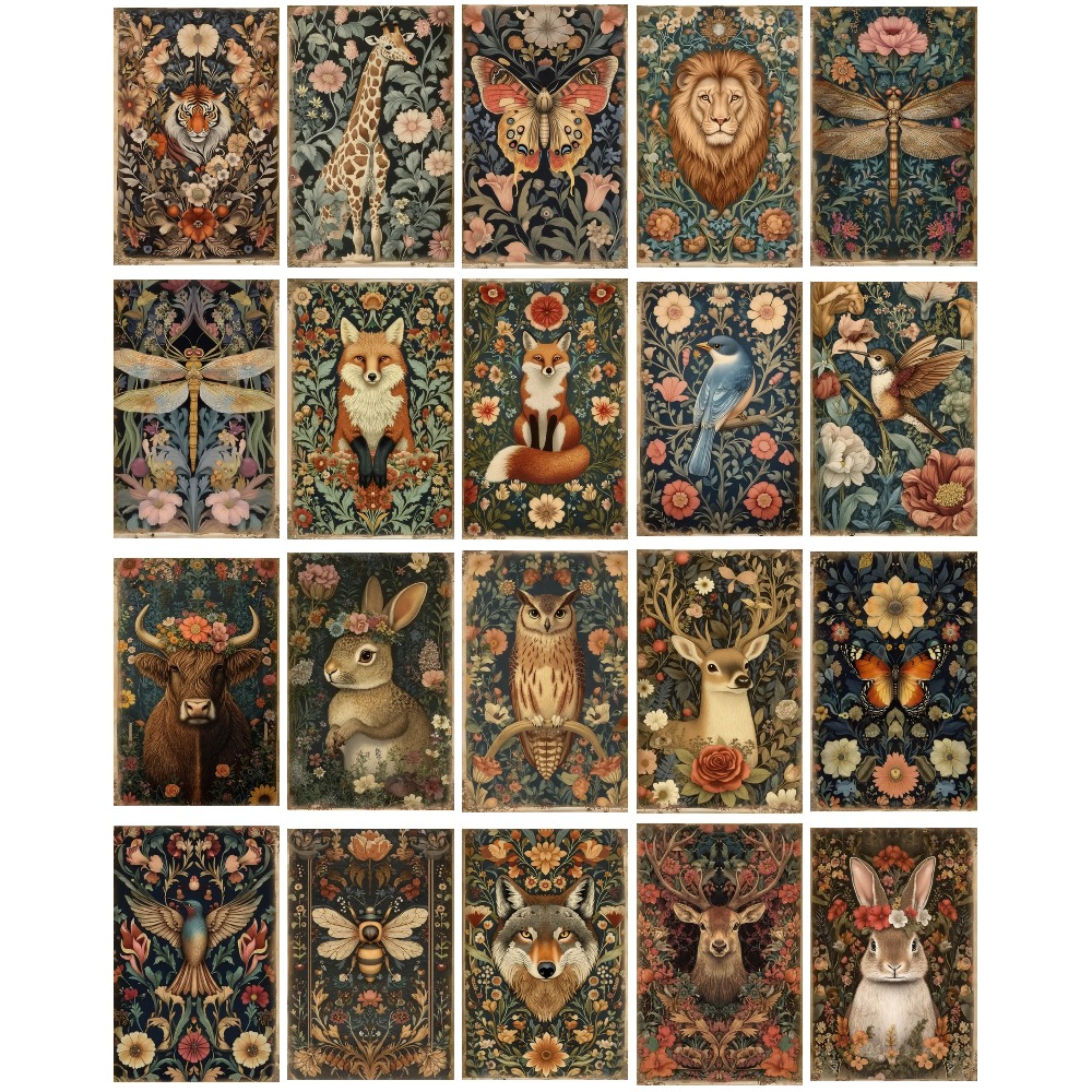 TEMU 20pcs, Vintage Animal Postcard Set, Featuring Stylish Plant, Flower, Animal, Fox, And Designs On Cardstock Postcards, Suitable For Collecting,
